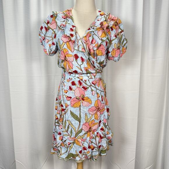 Poupette St. Barth Size Large Aude Wrap Mini Dress Blue Floral Ruffle Feminine - Picture 2 of 12